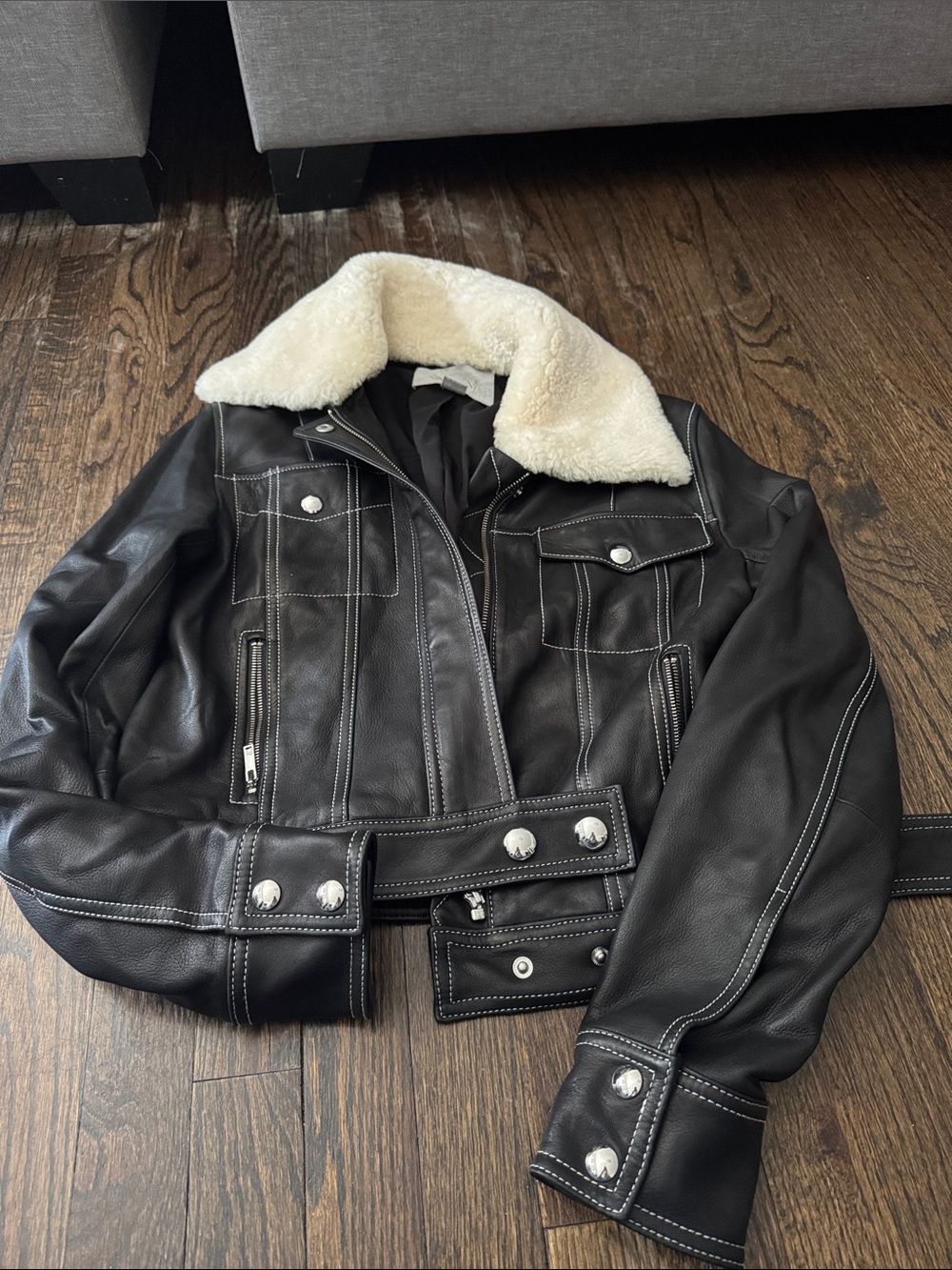 Jason Wu Black Leather Jacket with Cream Shearling Collar